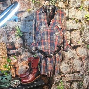 👗 Indigo Thread Shirt Dress — Factory Distressed Blue/Red — Sz L / Q